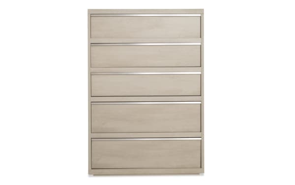 Delray White 5 Drawer Chest from Delray Bedroom collection, contemporary MDF chest with five soft-close drawers, smooth white finish, sleek minimalist design for bedroom storage and organization.