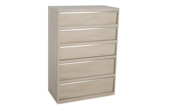 Delray White 5 Drawer Chest in MDF with a contemporary design, featuring five soft-close drawers and a sleek white finish for bedroom storage.