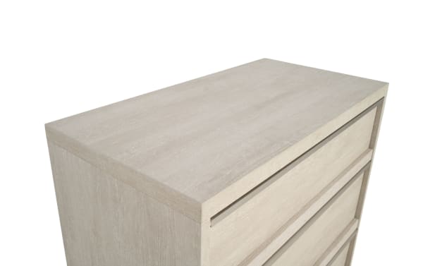 Delray White 3 Drawer Chest in MDF with a smooth, light wood finish, featuring contemporary clean lines and soft-close drawers for sleek bedroom storage.