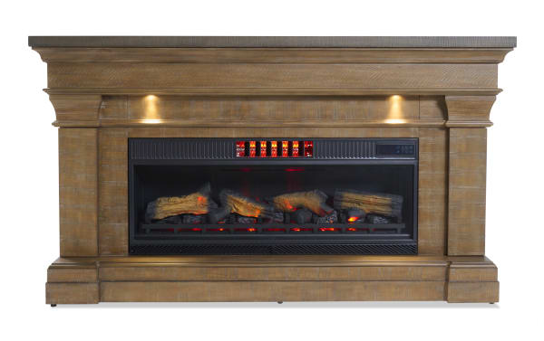Electric fireplace with realistic glowing logs and embers, set in a rustic wooden mantel with built-in overhead lights, ideal for home heating and decor.