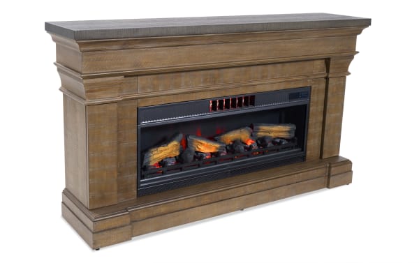 Electric fireplace with a rustic brown wooden mantel and realistic glowing logs, designed for home heating and decor.