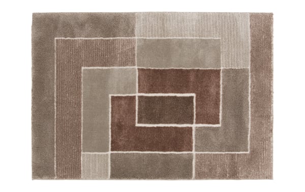 Atlas 5' x 7' Rust Geometric Rug with bold rust and orange geometric pattern, thick soft polypropylene pile, transitional style for cozy, durable flooring.