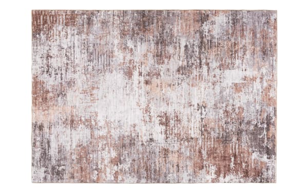 Rectangular area rug with an abstract distressed pattern in shades of brown, beige, and gray, featuring a textured, vintage-style design.
