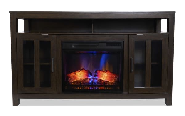 Dark brown wooden electric fireplace TV stand with glass-paneled cabinet doors, open shelf, and realistic glowing log fire insert.