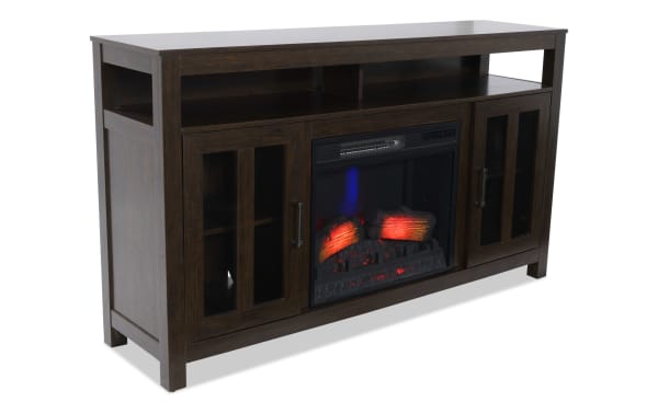 Dark brown wooden electric fireplace TV stand with glass cabinet doors, open shelving, and realistic glowing ember logs.