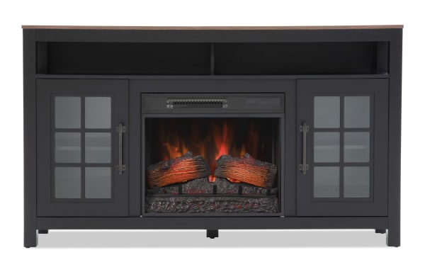 Black electric fireplace TV stand with wood top, two glass-paneled cabinets, open shelf, and realistic flame effect logs