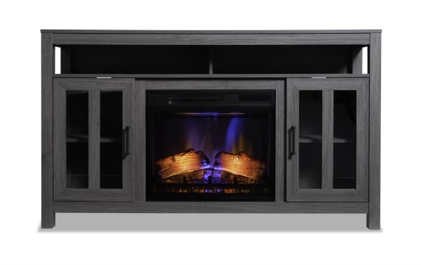 Brianna 59.5'' gray transitional electric fireplace TV stand with MDF, tempered glass, metal, 3D flame effect, adjustable settings, and storage cabinets.