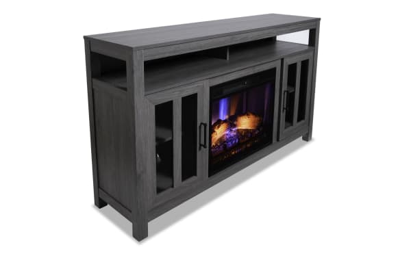 Brianna 59.5'' gray transitional TV stand with built-in electric fireplace, MDF, tempered glass, metal, 3D flame effect, five heat settings, fully assembled.