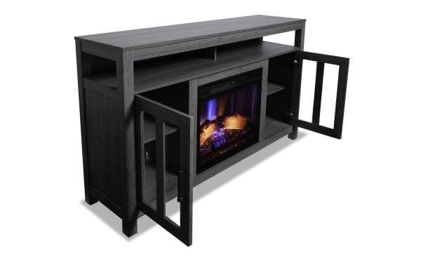 Brianna 59.5'' gray transitional electric fireplace and TV stand with MDF, tempered glass, and metal, featuring 3D flame effect and dual glass-paneled cabinet doors.