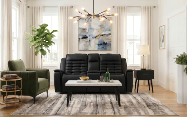 Contemporary Raptor black leather 77" power reclining console loveseat with power headrest, USB ports, cup holders, and hidden storage.
