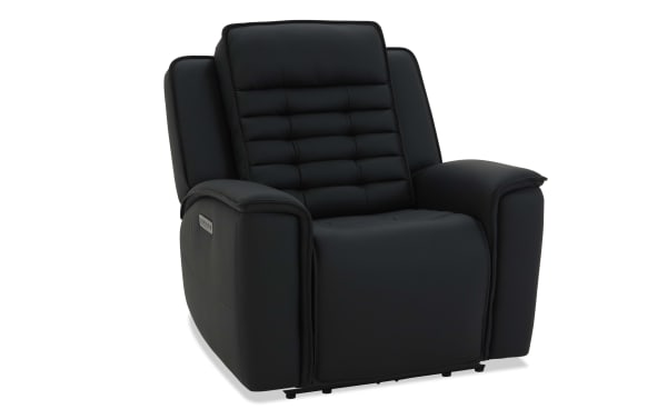 Black leather power recliner chair with padded armrests, cushioned backrest with horizontal stitching, and side control panel for reclining.