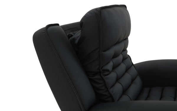 Black leather recliner chair backrest with padded, tufted cushioning and smooth armrest, designed for ergonomic comfort and stylish home seating.