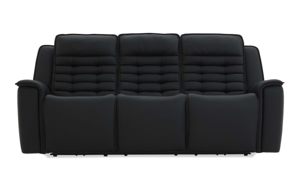 Black three-seater reclining sofa with padded armrests and segmented cushioned backrests, designed for comfort and modern living rooms.