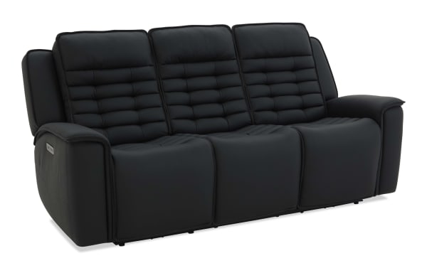 Black leather three-seat reclining sofa with padded backrests and armrests, featuring a modern design and visible control panel on the side.