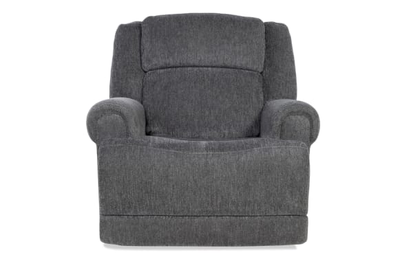 Dark gray fabric upholstered recliner chair with padded armrests and cushioned backrest, designed for comfortable living room seating.