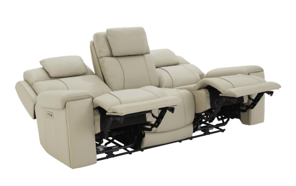 Beige leather reclining sofa with three seats, featuring adjustable headrests and footrests, designed for comfort and modern living rooms.