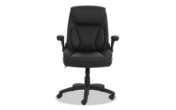 Black ergonomic office chair with padded armrests, quilted backrest, adjustable height, and five caster wheels for mobility.