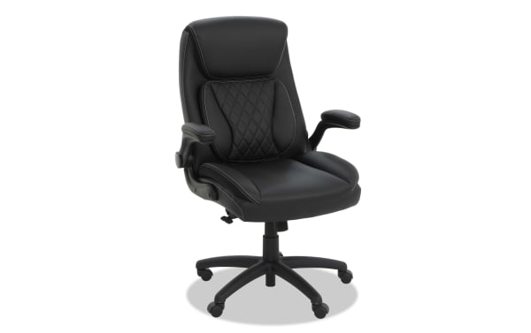 Black ergonomic office chair with padded armrests, quilted backrest, adjustable height, and five caster wheels for mobility.