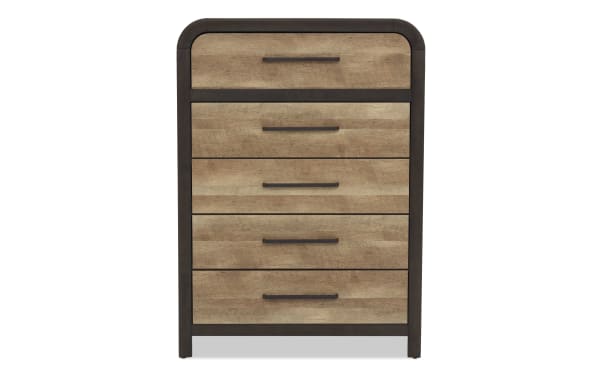 Tall wooden dresser with five drawers, featuring a natural wood finish and dark metal frame and handles, suitable for bedroom storage.
