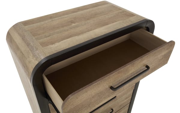Wooden dresser drawer with black metal handle, featuring a smooth curved edge design and natural wood finish, suitable for bedroom storage.