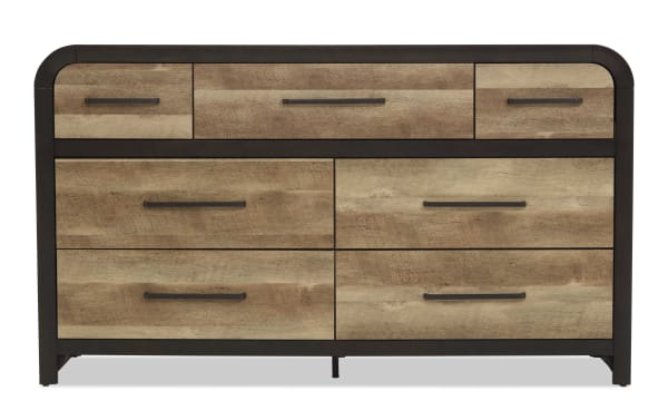 Wood and metal dresser with six large drawers and three smaller top drawers, featuring black handles and a rustic industrial style.