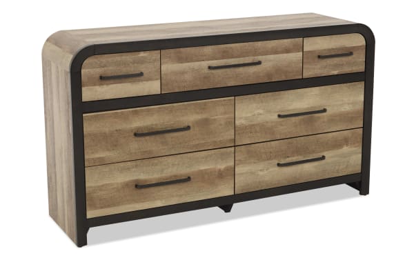 Wooden dresser with six drawers and three smaller top drawers, featuring black metal handles and frame, rustic modern style.