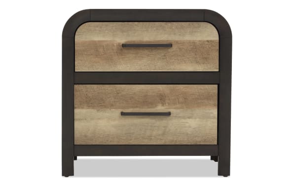 Two-drawer wooden nightstand with rustic light brown drawer fronts and dark brown frame, featuring modern black handles and rounded corners.
