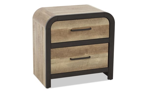 Two-drawer wooden nightstand with rounded edges, black metal frame, and black handles, featuring a rustic natural wood finish.