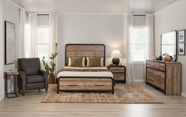 Open wooden drawer with black metal handle, part of a rustic-style nightstand or dresser featuring a two-tone wood finish and black frame.