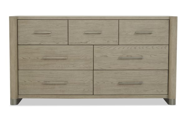 Catalina Light Gray 7 Drawer Dresser in contemporary style, made of MDF, rubberwood, and oak veneers with smooth soft-close drawers and felt and cedar linings.