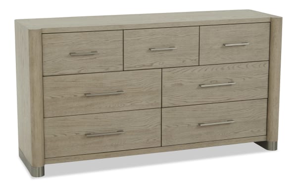 Catalina Light Gray 7 Drawer Dresser in contemporary style with rubberwood, MDF, and oak veneers. Features smooth sliding, soft-close drawers with felt and cedar linings for delicate and fresh clothing storage.