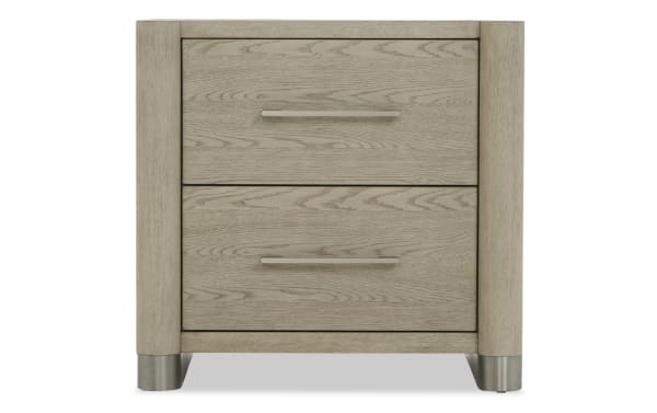Catalina Light Gray 2 Drawer Nightstand in contemporary style with MDF, rubberwood, oak veneers, soft-close drawers, and metal handles.