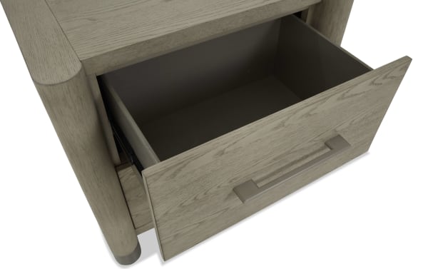 Contemporary Catalina Light Gray 2 Drawer Nightstand with smooth gliding drawers, rubberwood and oak veneer construction, and matte metal handle.