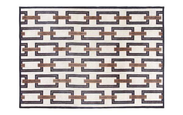 Rectangular area rug with a modern geometric pattern featuring interlocking brown and black rectangular chains on a cream background, suitable for contemporary home decor.