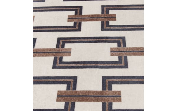 Beige and brown geometric patterned area rug with interlocking rectangular shapes, featuring a modern and contemporary design.