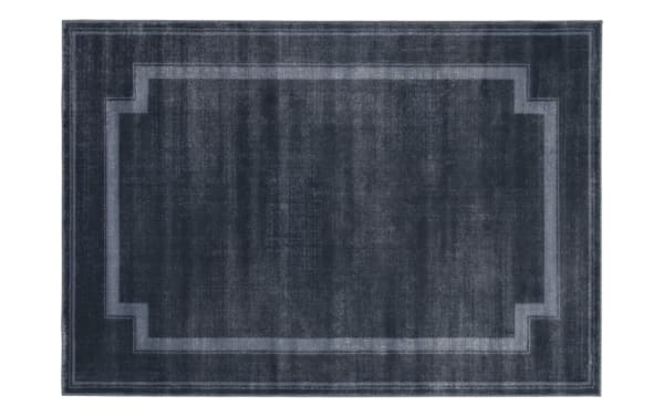 Dark blue rectangular area rug with a subtle geometric border pattern, featuring a soft, velvety texture ideal for modern home decor.