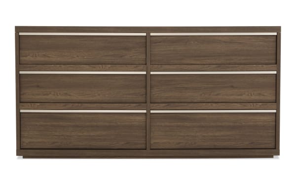 Six-drawer wooden dresser in walnut finish with horizontal silver metal handles, modern design for bedroom storage furniture.