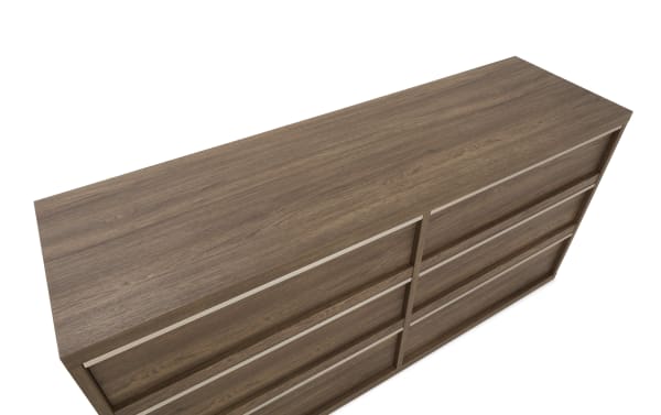 Wooden dresser with a smooth walnut finish, featuring six spacious drawers and a modern, minimalist design ideal for bedroom storage.