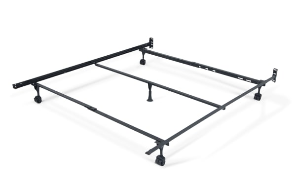 Black metal Queen/King/California King bed frame with casters, adjustable size, sturdy center support, and easy mobility for mattress foundation.