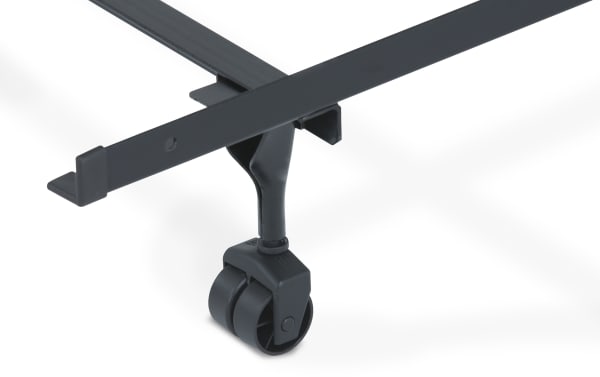 Black metal Queen/King/California King bed frame caster wheel with dual wheels for smooth mobility and sturdy mattress support.