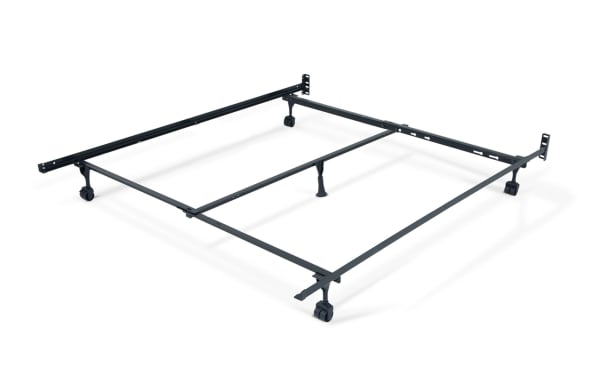 Queen bed frame with casters in black metal, designed to support a queen mattress and foundation, featuring sturdy wheels for mobility.