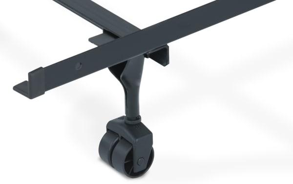 Black metal queen bed frame caster wheel close-up, featuring dual-wheel design for smooth mobility and sturdy support.