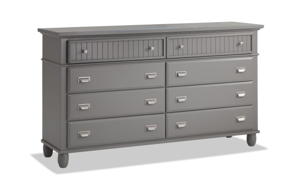 Spencer Gray 8 Drawer Dresser in transitional style with hardwood solids, MDF, plywood, and poplar. Features eight spacious gray drawers with silver handles.
