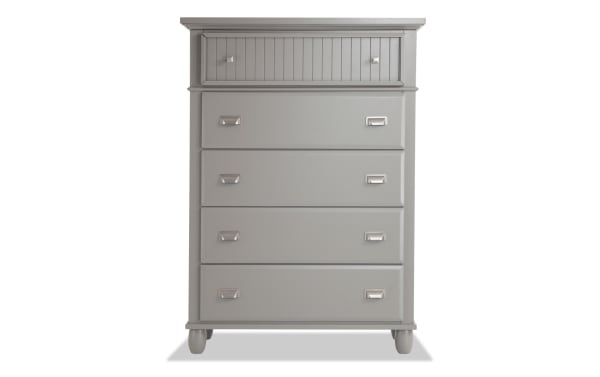 Spencer Gray 5 Drawer Lift-Top Chest in transitional style with gray hardwood solids, MDF, plywood, and poplar. Features five spacious drawers and a hidden lift-top mirror for bedroom storage.