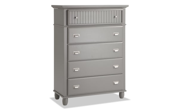 Spencer Gray 5 Drawer Lift-Top Chest in transitional style with gray hardwood solids, MDF, plywood, and poplar. Features five spacious drawers and a hidden top compartment with mirror for bedroom storage.