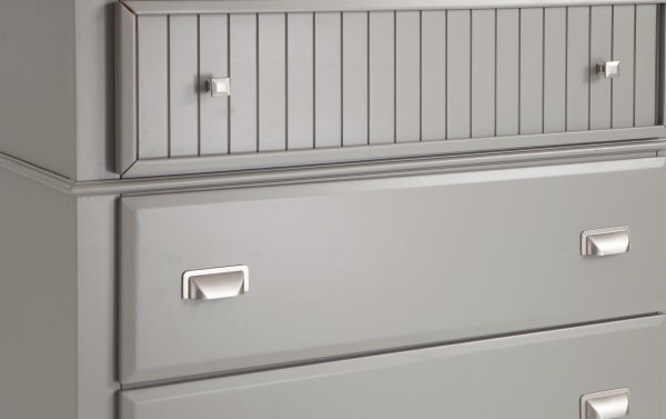 Spencer Gray 5 Drawer Lift-Top Chest in transitional style with gray hardwood solids, MDF, and poplar. Features five spacious drawers with silver metal handles.