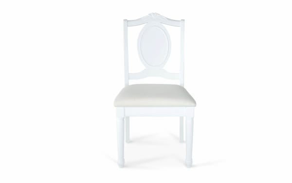 Madelyn White Desk Chair in white fabric upholstery with heart and flower trim, pine and poplar solids, glam style youth vanity seat.