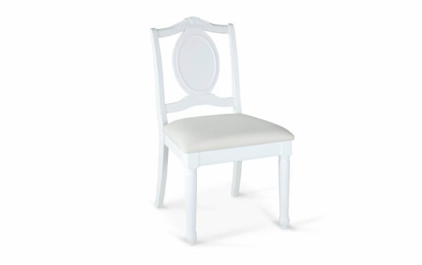 White Madelyn Desk Chair with fabric upholstery, heart and flower trim, pine and poplar solids, glam style youth vanity seating
