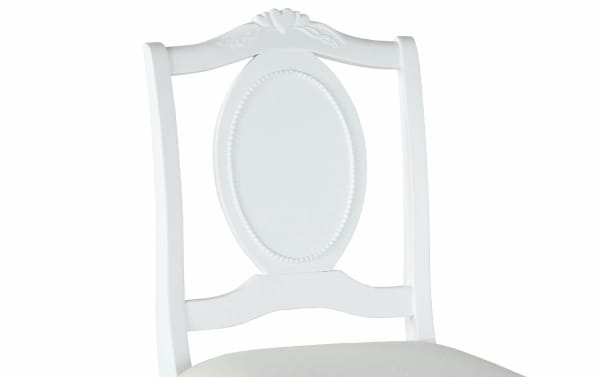 Madelyn White Desk Chair in white fabric upholstery with heart and flower trim, pine and poplar solids, glam style youth vanity seating.