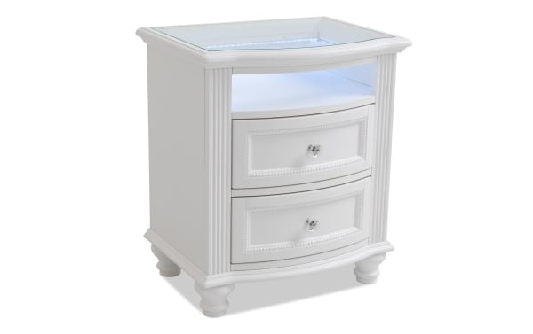 Madelyn White 2 Drawer Nightstand in poplar and pine solids with faux crystal knobs, curved drawer fronts, and built-in top shelf lighting nightlight.